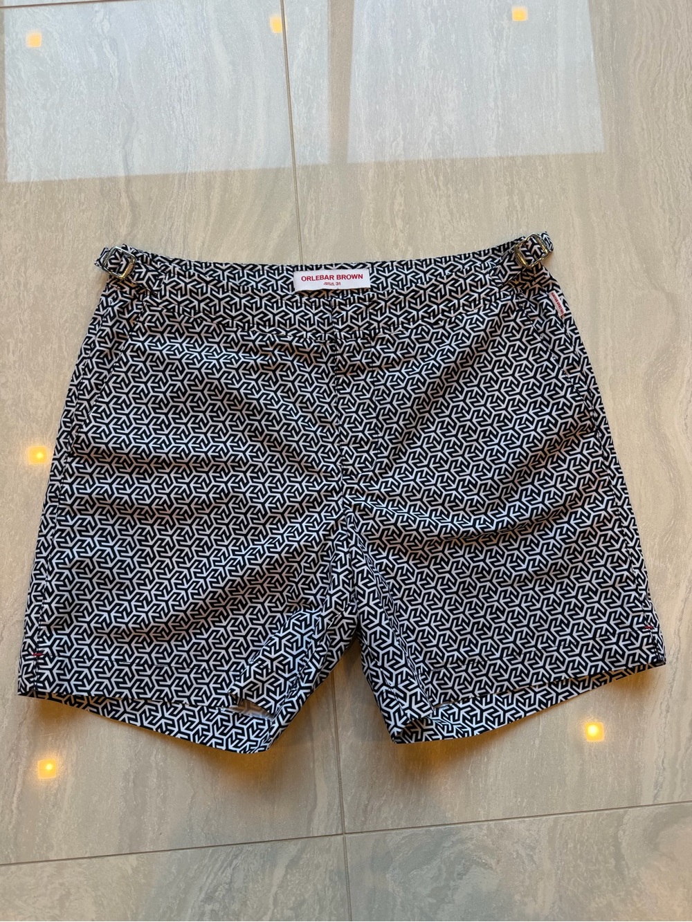 Orlebar Brown Black and White Geometric Flat Front Men’s Shorts